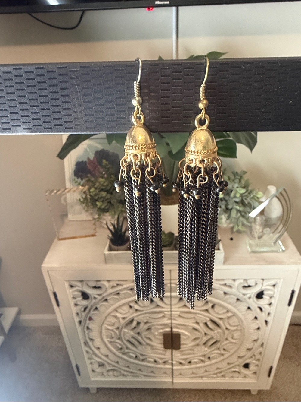 Gold and Black Tassel Drop Earrings - Elegant Women's Jewelry